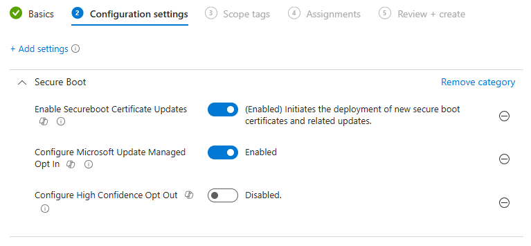 Secure Boot certificate update settings in Intune Settings catalog